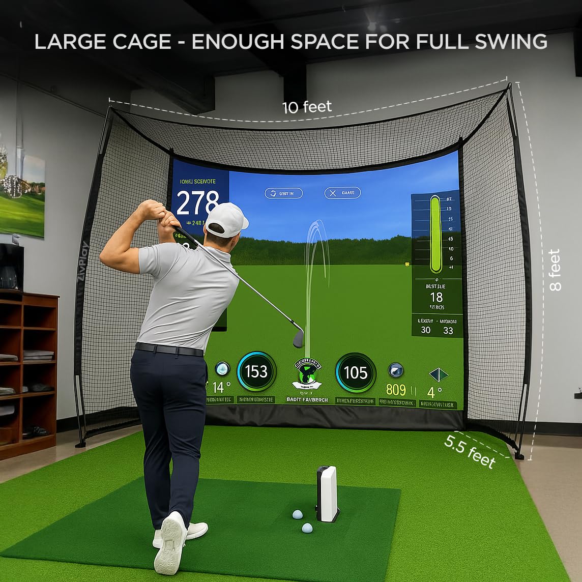 Golf Cage Net 10x8ft with Side Enclosure & Top Net for Simulator Practice, Indoor Home Use