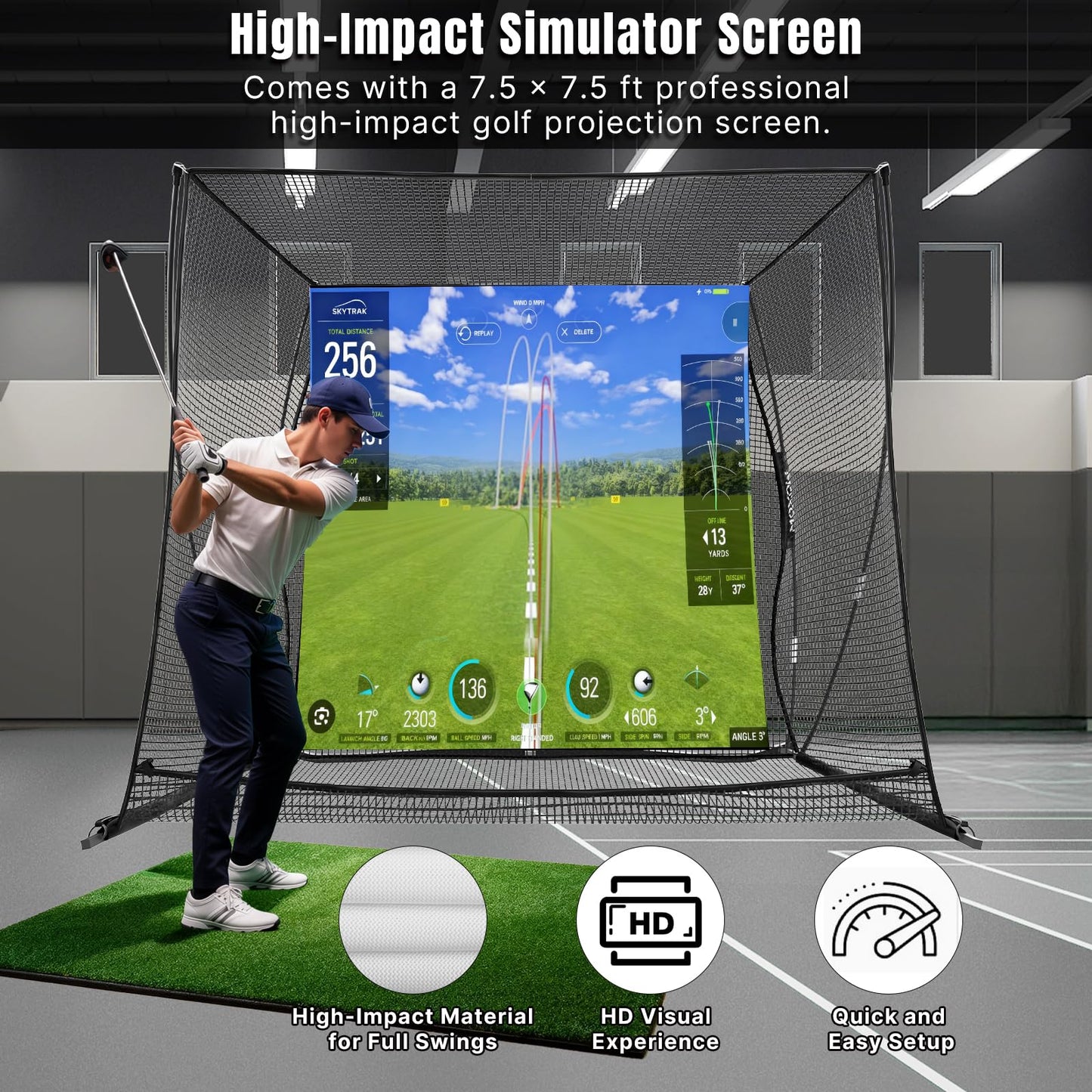 MOXOW Golf Cage 10x8ft with HD Simulator Screen, High-Impact Safety Design, Indoor & Outdoor Practice