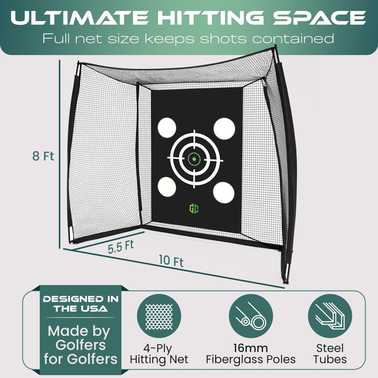 GrdnCare Heavy-Duty Golf Net 10x8x5.5ft with Silent Target, 4-Ply Net, Mat & Tee, Steel Frame, Carry Bag