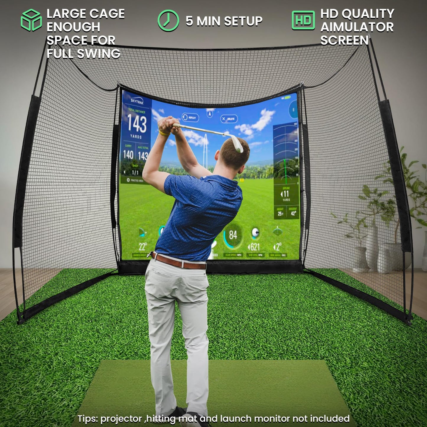 LPALNTYS Golf Simulator Net 11x8ft, Portable Heavy Duty with Impact Screen & Target Cloth, Indoor Outdoor