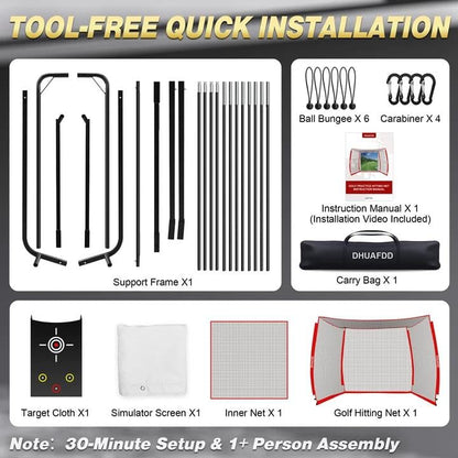 DHUAFDD Golf Hitting Net 10x8ft with HD Simulator Screen & Target Cloth, Indoor Outdoor Training Cage