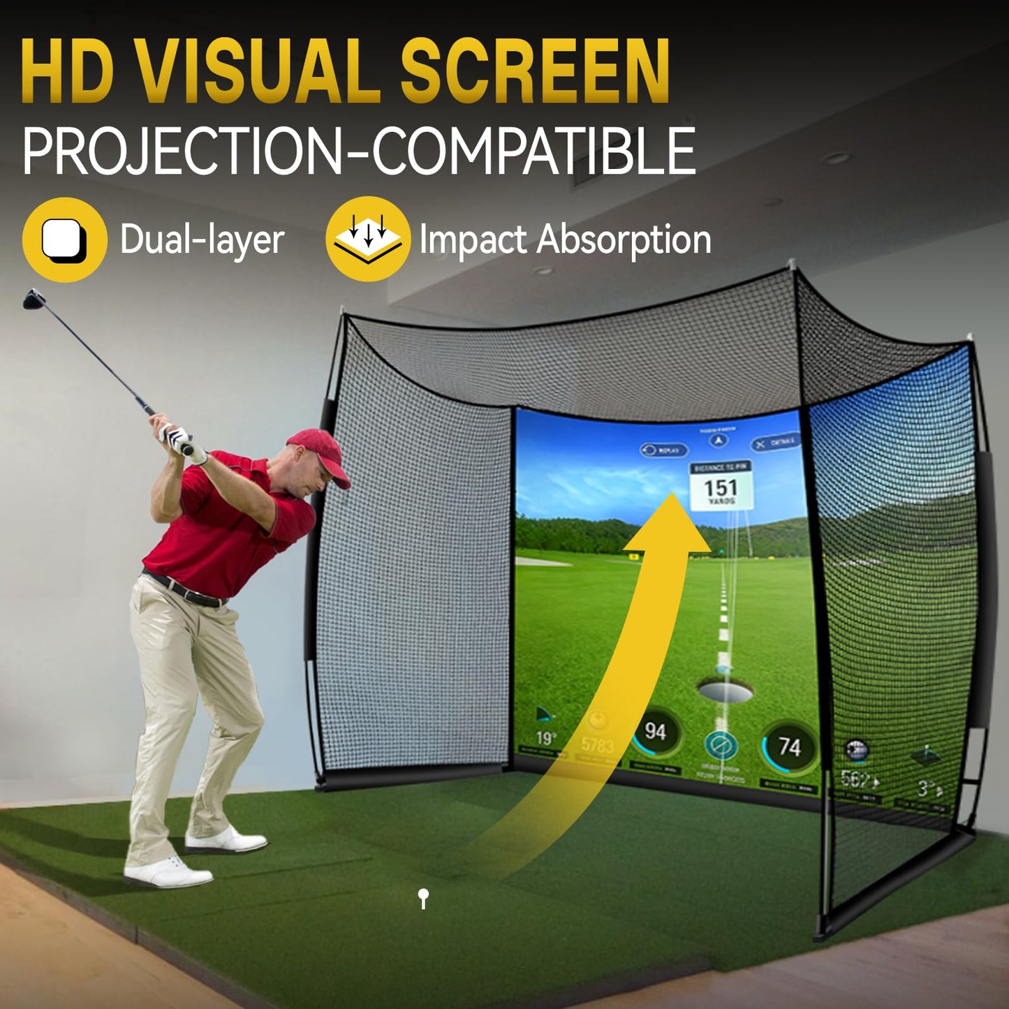 Golf Net with Impact Screen 11x8ft, Heavy Duty Practice Cage for Swing, Indoor Outdoor Backyard Garage