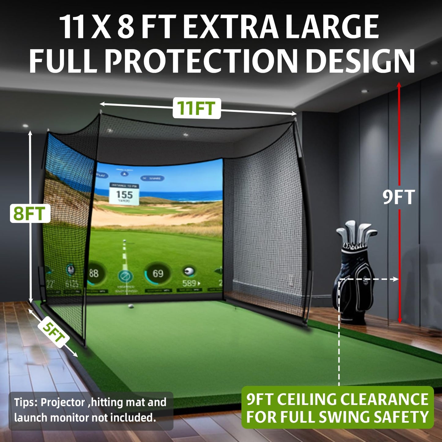 Golf Net 11x8ft Simulator Hitting Net with Impact Screen & Target Cloth, Heavy Duty, Indoor Outdoor