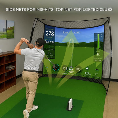 Golf Cage Net 10x8ft with Side Enclosure & Top Net for Simulator Practice, Indoor Home Use