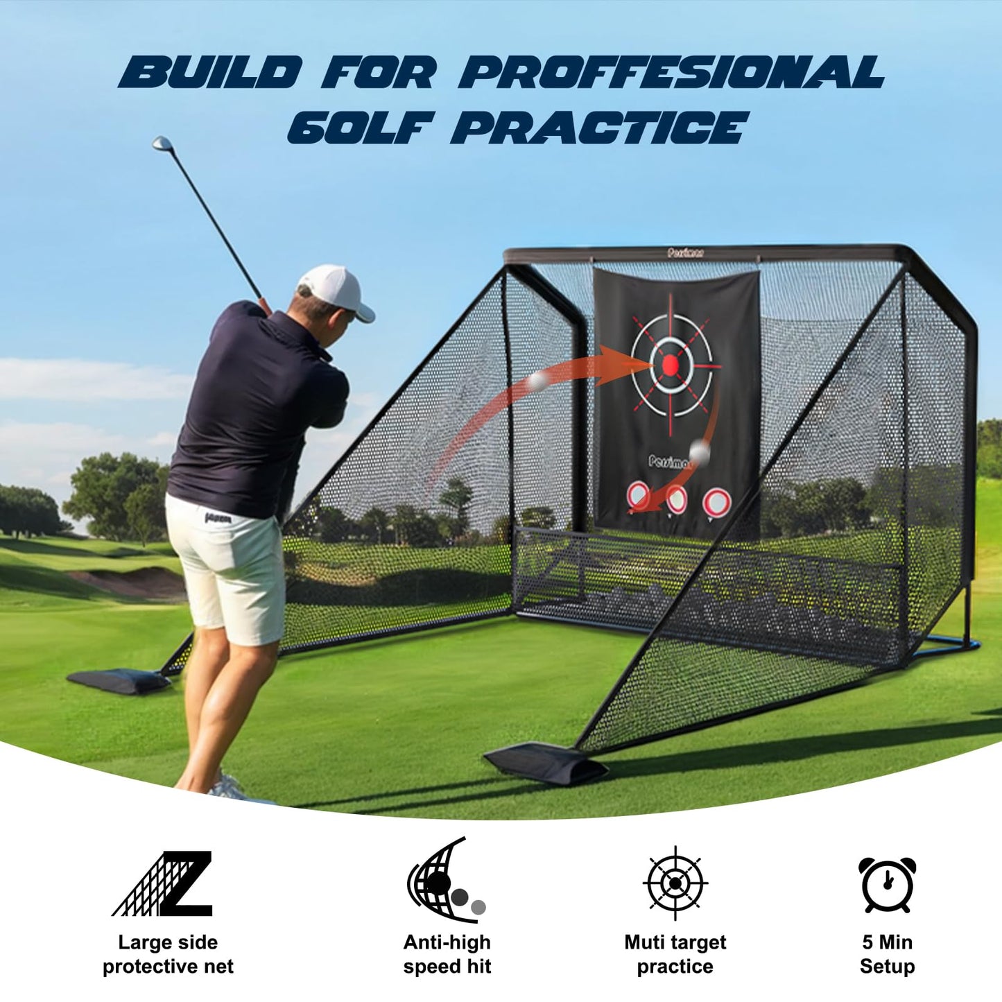 Golf Net Practice 10x7ft Heavy Steel Frame with Side Barriers, Backyard Driving, Chipping, Indoor Outdoor