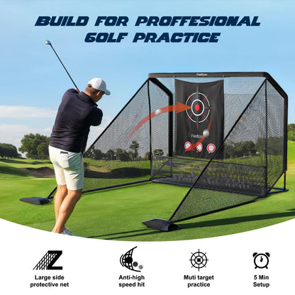 Golf Net Practice 10x7ft Heavy Steel Frame with Side Barriers, Backyard Driving, Chipping, Indoor Outdoor