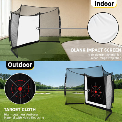 MangoStar Golf Net 11x8ft Simulator with HD Impact Screen & Target Cloth, Heavy Duty Practice Cage for Indoor Outdoor Use