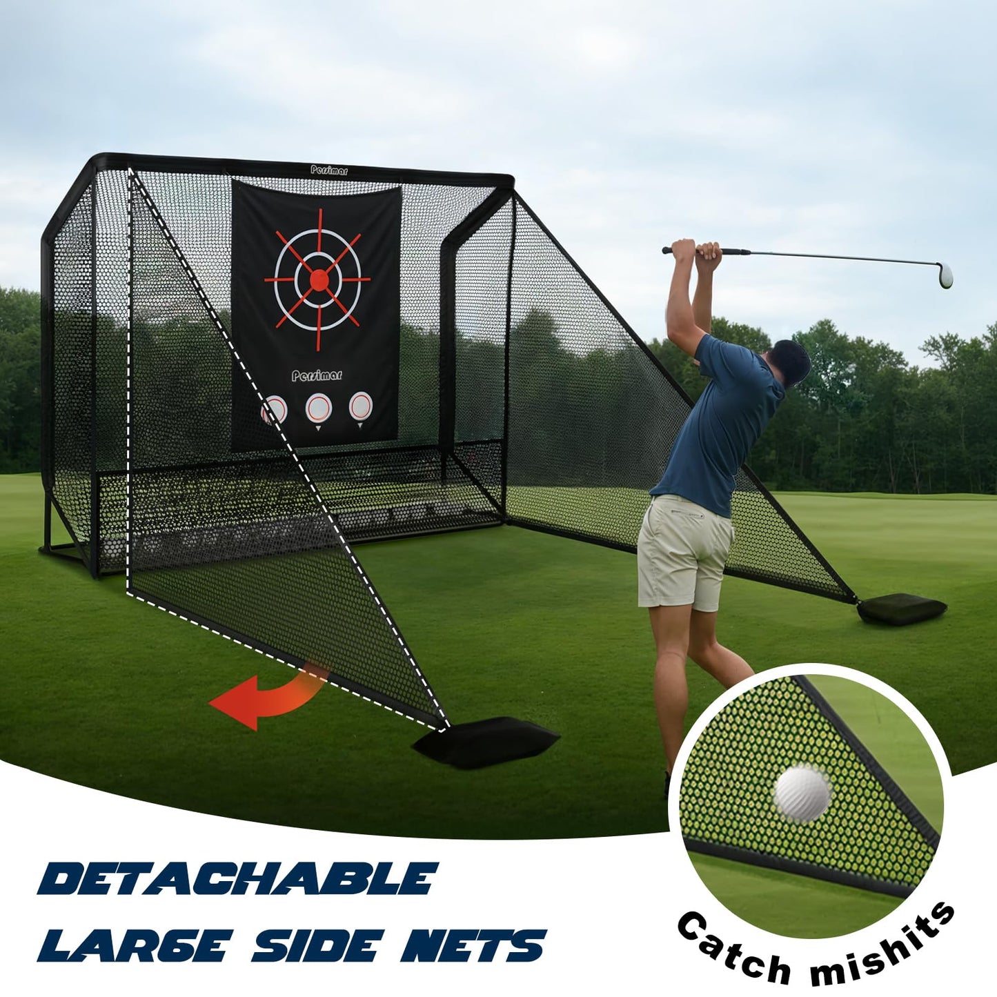 Golf Net Practice 10x7ft Heavy Steel Frame with Side Barriers, Backyard Driving, Chipping, Indoor Outdoor
