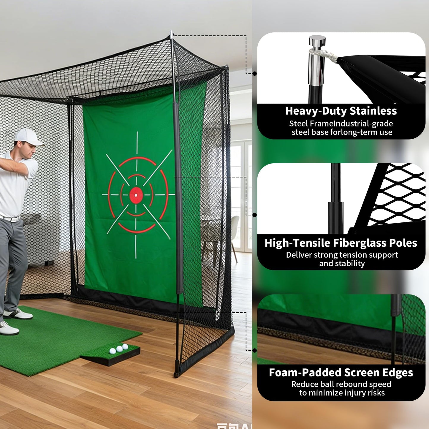 RAYZESTTOP Golf Simulator Cage 11x8ft with Impact Screen and Green Target Cloth, Indoor Outdoor Practice