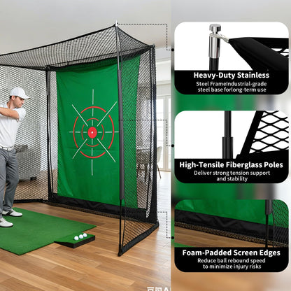RAYZESTTOP Golf Simulator Cage 11x8ft with Impact Screen and Green Target Cloth, Indoor Outdoor Practice