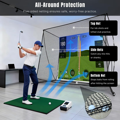 MOXOW Golf Cage 10x8ft with HD Simulator Screen, High-Impact Safety Design, Indoor & Outdoor Practice
