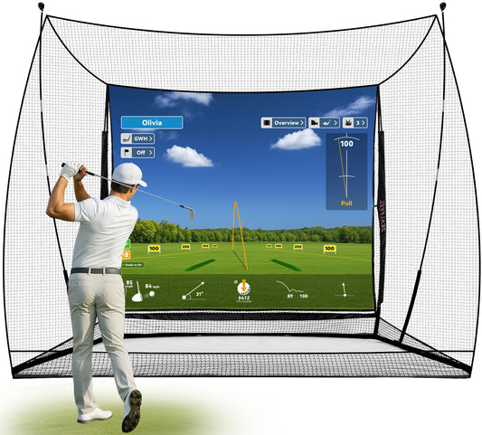 ZEALFEEL Golf Simulator Cage 10x8ft with Side Barriers & HD Impact Screen, Ball Return, Indoor Outdoor