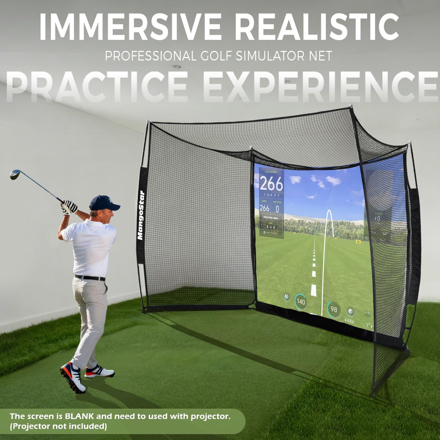 MangoStar Golf Net 11x8ft Simulator with HD Impact Screen & Target Cloth, Heavy Duty Practice Cage for Indoor Outdoor Use