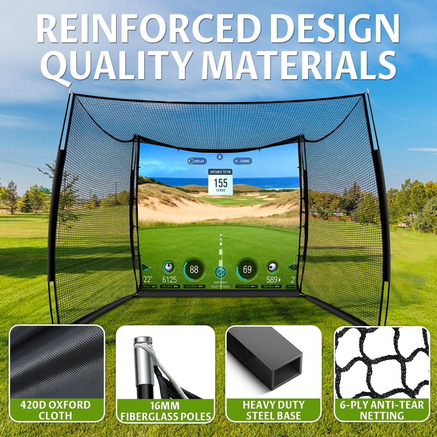 Golf Net 11x8ft Simulator Hitting Net with Impact Screen & Target Cloth, Heavy Duty, Indoor Outdoor