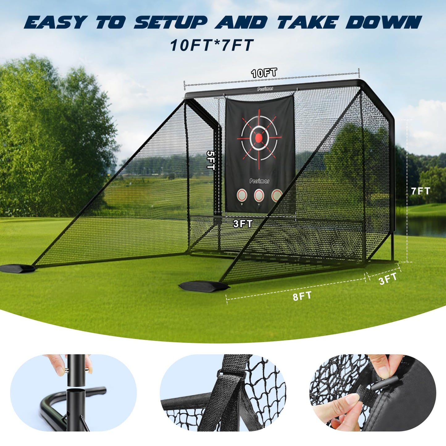 Golf Net Practice 10x7ft Heavy Steel Frame with Side Barriers, Backyard Driving, Chipping, Indoor Outdoor