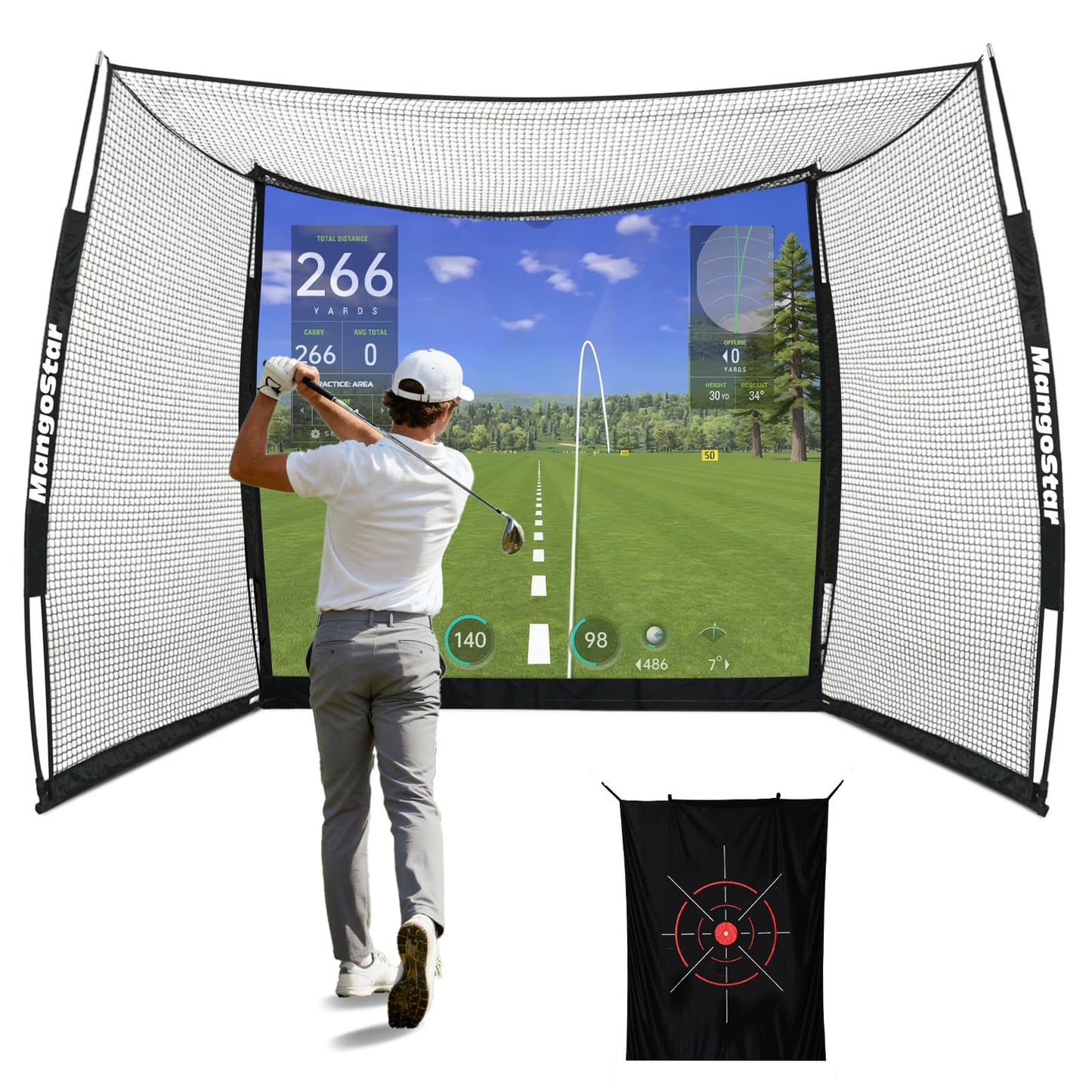 MangoStar Golf Net 11x8ft Simulator with HD Impact Screen & Target Cloth, Heavy Duty Practice Cage for Indoor Outdoor Use