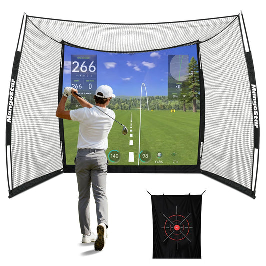 MangoStar Golf Net 11x8ft Simulator with HD Impact Screen & Target Cloth, Heavy Duty Practice Cage for Indoor Outdoor Use