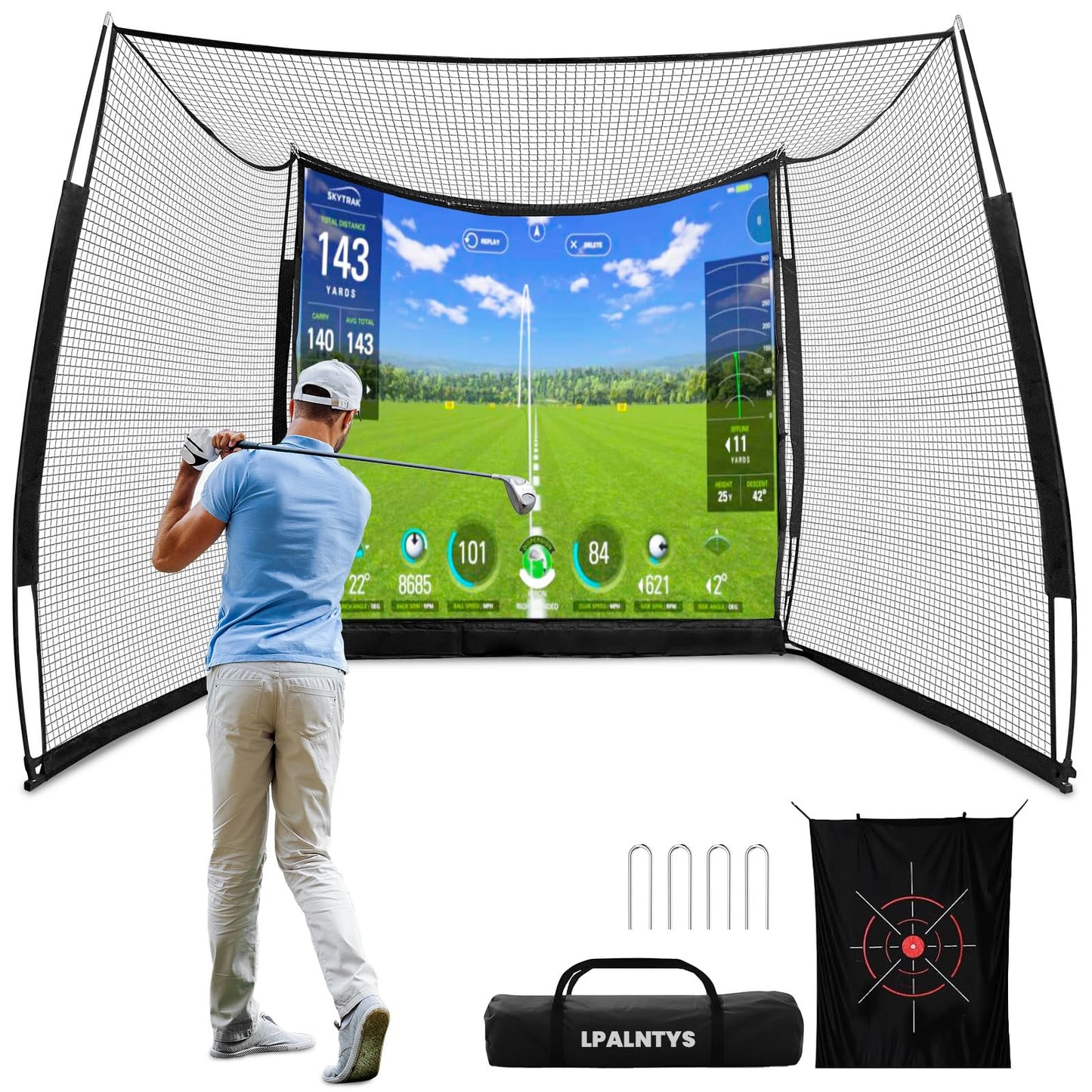 LPALNTYS Golf Simulator Net 11x8ft, Portable Heavy Duty with Impact Screen & Target Cloth, Indoor Outdoor
