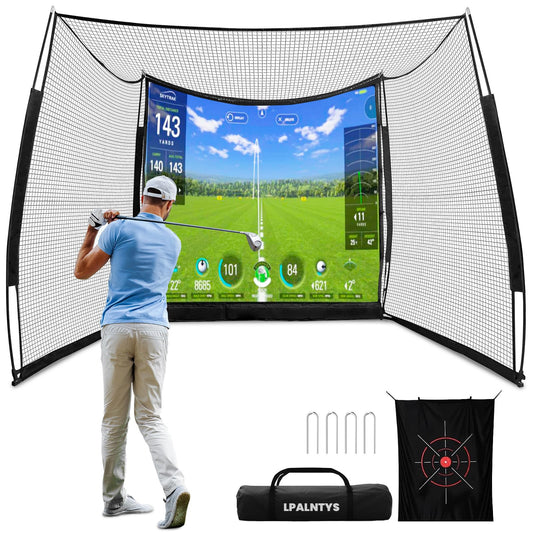 LPALNTYS Golf Simulator Net 11x8ft, Portable Heavy Duty with Impact Screen & Target Cloth, Indoor Outdoor