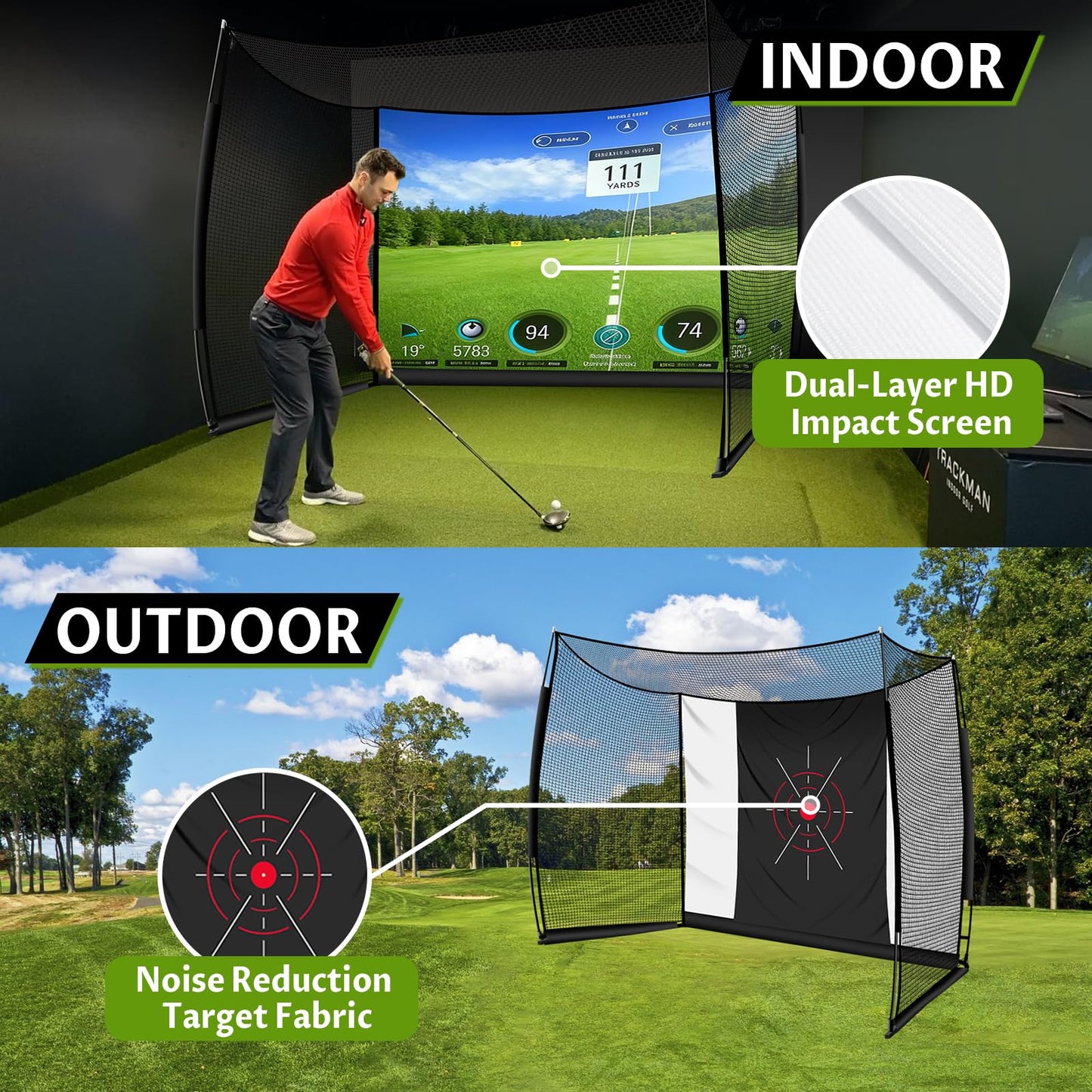 Golf Net 11x8ft Simulator Hitting Net with Impact Screen & Target Cloth, Heavy Duty, Indoor Outdoor