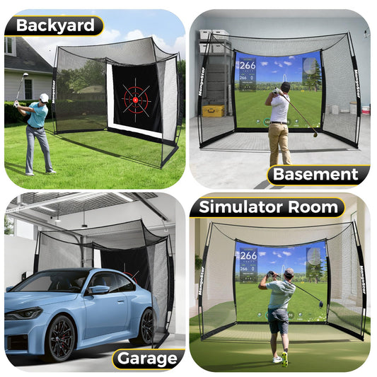 MangoStar Golf Net 11x8ft Simulator with HD Impact Screen & Target Cloth, Heavy Duty Practice Cage for Indoor Outdoor Use
