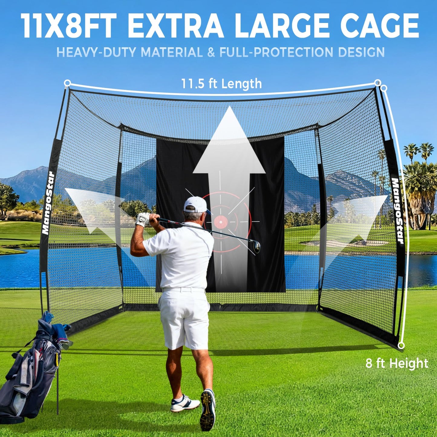 MangoStar Golf Net 11x8ft Simulator with HD Impact Screen & Target Cloth, Heavy Duty Practice Cage for Indoor Outdoor Use