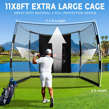 MangoStar Golf Net 11x8ft Simulator with HD Impact Screen & Target Cloth, Heavy Duty Practice Cage for Indoor Outdoor Use