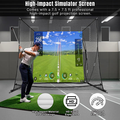 MOXOW Golf Cage 10x8ft with HD Simulator Screen, High-Impact Safety Design, Indoor & Outdoor Practice