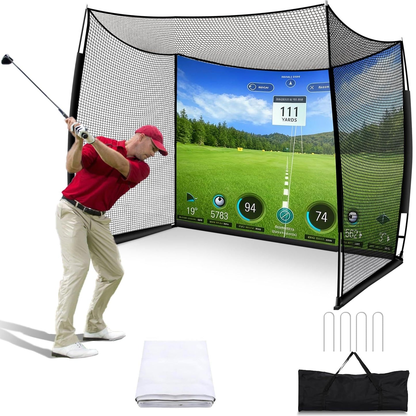 Golf Net with Impact Screen 11x8ft, Heavy Duty Practice Cage for Swing, Indoor Outdoor Backyard Garage
