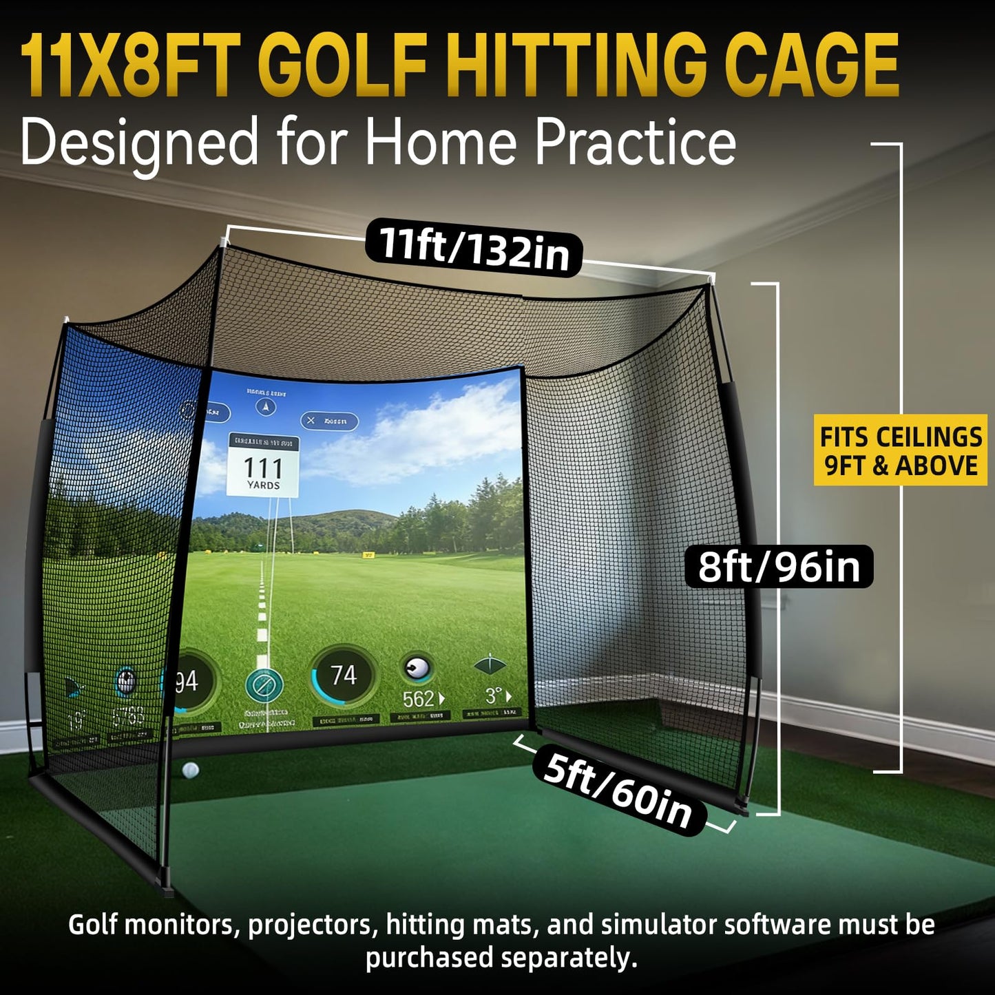 Golf Net with Impact Screen 11x8ft, Heavy Duty Practice Cage for Swing, Indoor Outdoor Backyard Garage