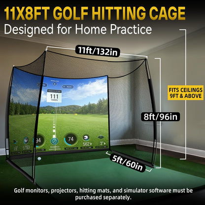 Golf Net with Impact Screen 11x8ft, Heavy Duty Practice Cage for Swing, Indoor Outdoor Backyard Garage