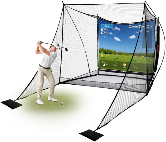 ZEALFEEL Golf Simulator Cage 10x8ft with Side Barriers & HD Impact Screen, Ball Return, Indoor Outdoor
