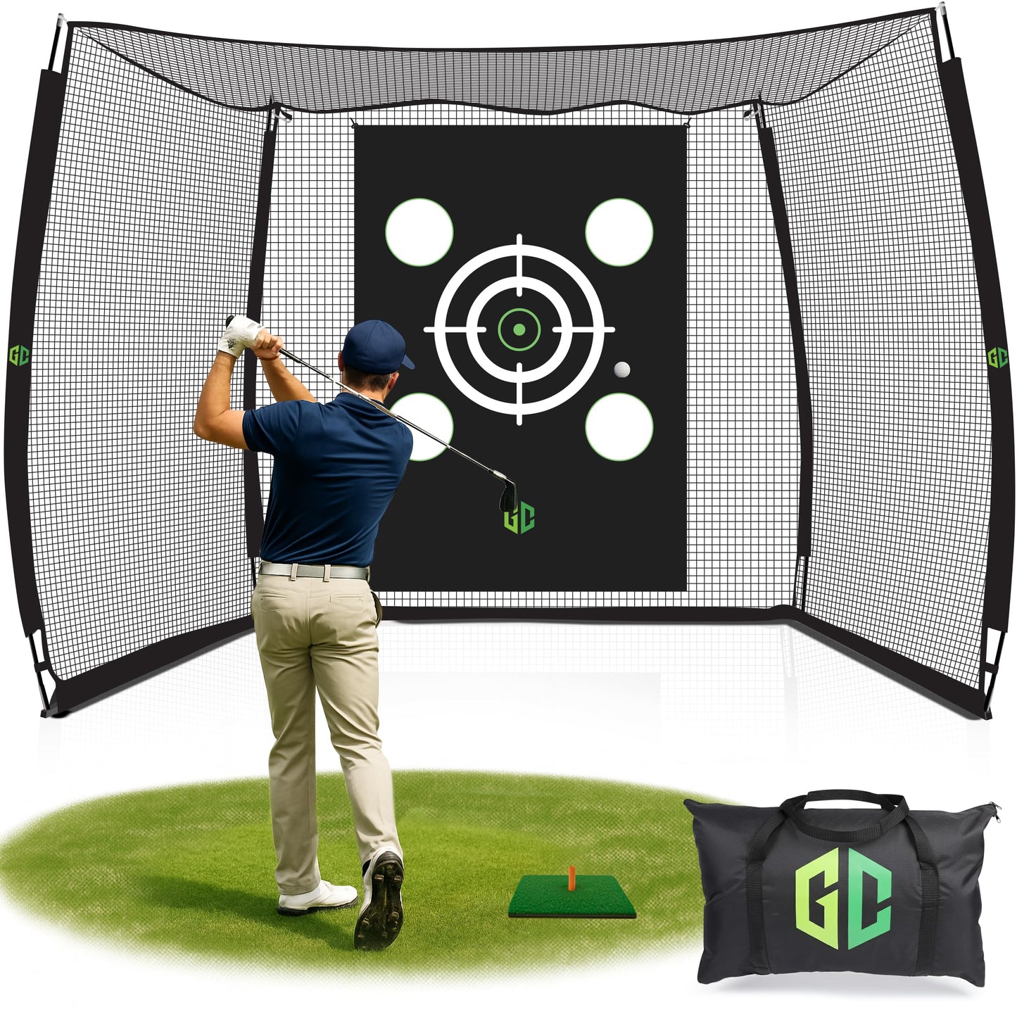 GrdnCare Heavy-Duty Golf Net 10x8x5.5ft with Silent Target, 4-Ply Net, Mat & Tee, Steel Frame, Carry Bag