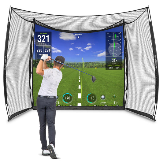 MangoStar Golf Net 11x8ft Simulator with High-Density Impact Screen & Target Cloth, Heavy Duty, Indoor Outdoor