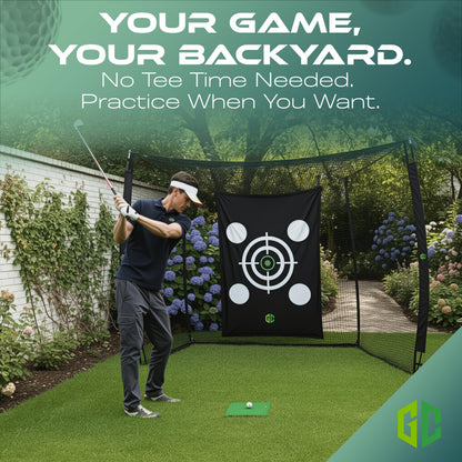 GrdnCare Heavy-Duty Golf Net 10x8x5.5ft with Silent Target, 4-Ply Net, Mat & Tee, Steel Frame, Carry Bag