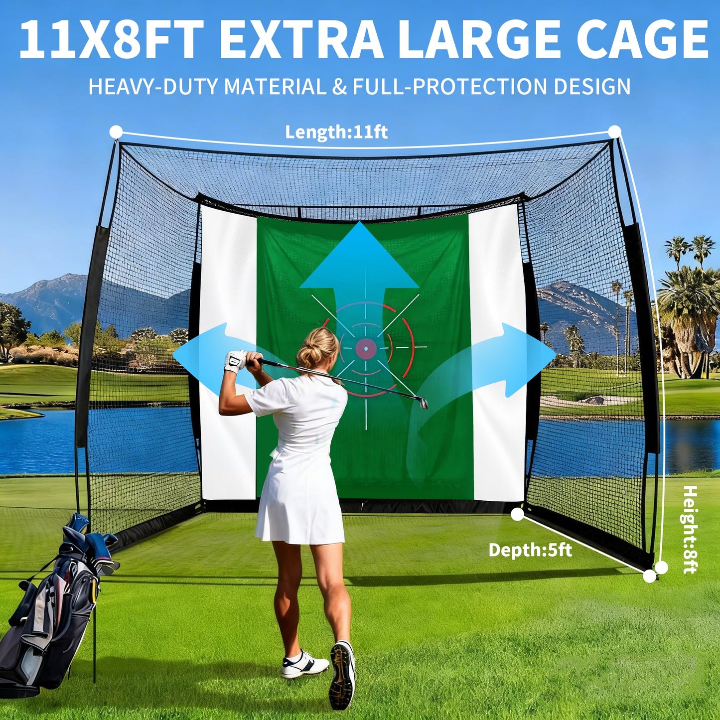 RAYZESTTOP Golf Simulator Cage 11x8ft with Impact Screen and Green Target Cloth, Indoor Outdoor Practice