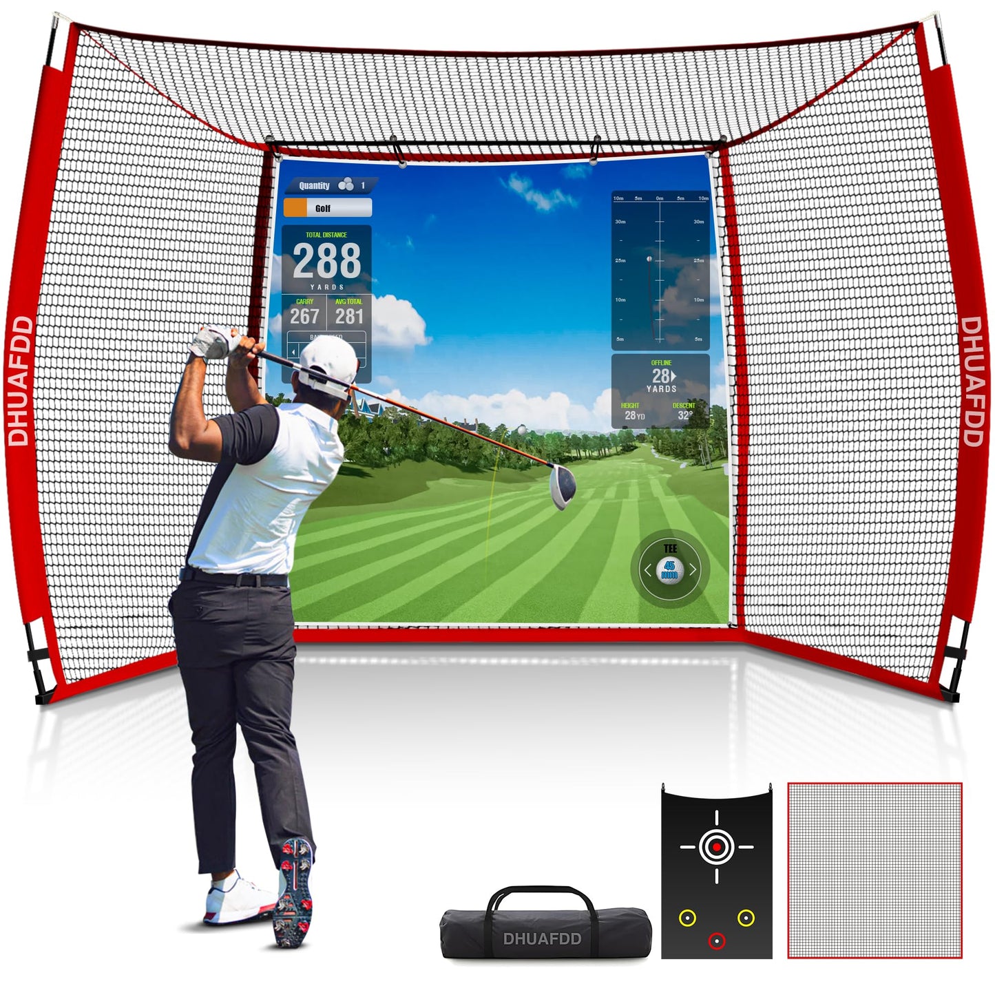 DHUAFDD Golf Hitting Net 10x8ft with HD Simulator Screen & Target Cloth, Indoor Outdoor Training Cage