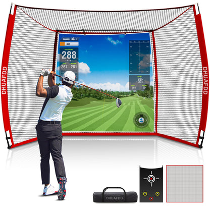 DHUAFDD Golf Hitting Net 10x8ft with HD Simulator Screen & Target Cloth, Indoor Outdoor Training Cage