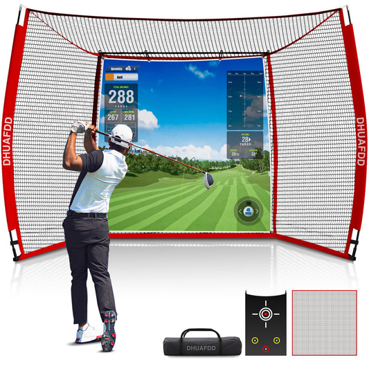 DHUAFDD Golf Hitting Net 10x8ft with HD Simulator Screen & Target Cloth, Indoor Outdoor Training Cage